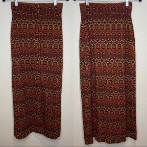 Vintage Geometric Maxi Skirt Orange Brown Gold Button Front Boho Festival Size M